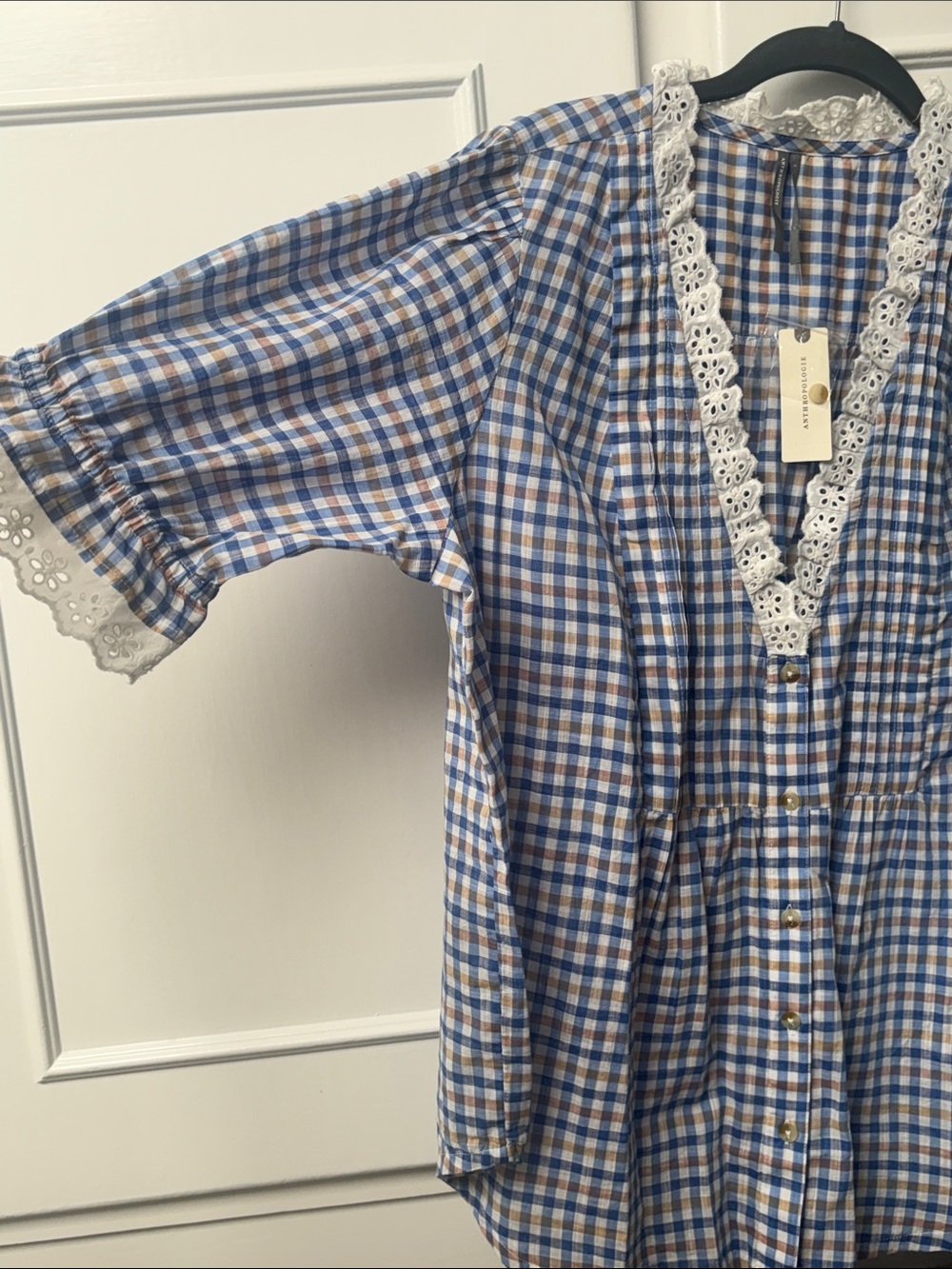 Anthropologie Blue and Brown Plaid Button Down Top - Picture 3 of 3